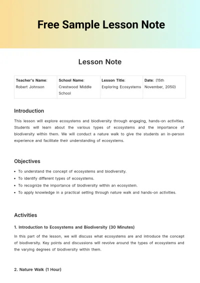 Free Sample Lesson Note Template to Edit Online