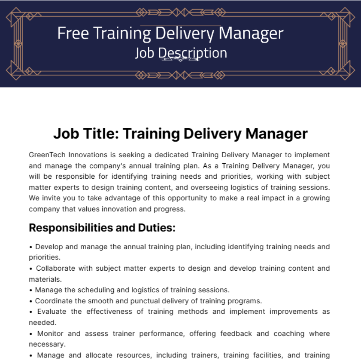 Free Training Delivery Manager Job Description Template