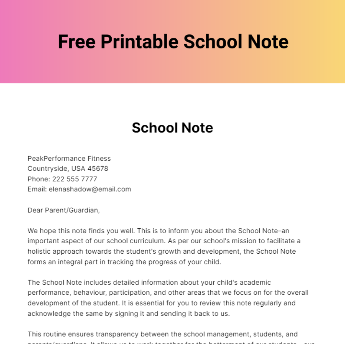 Printable School Note Template
