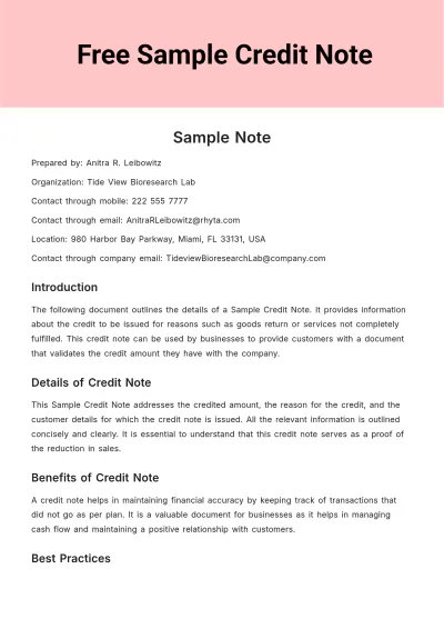Free Sample Credit Note Template to Edit Online