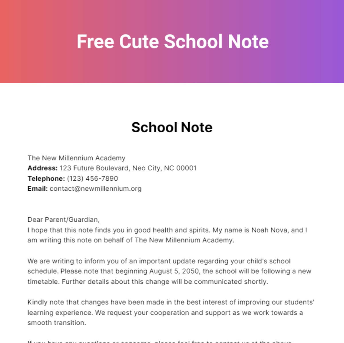 Free Cute School Note Template