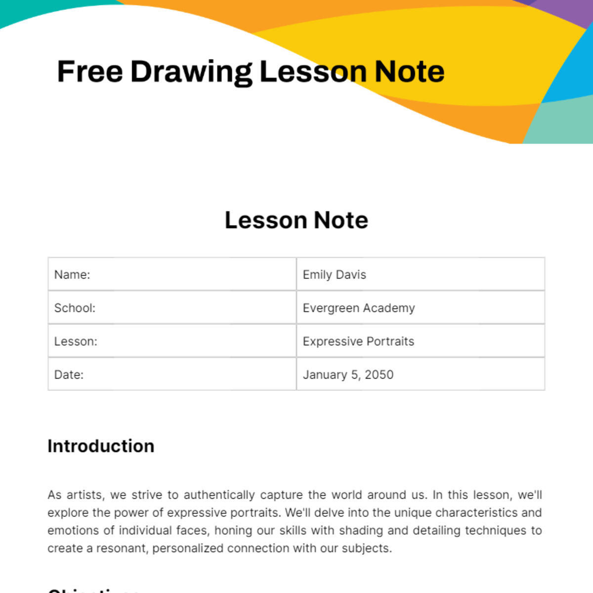 Drawing Lesson Note Template