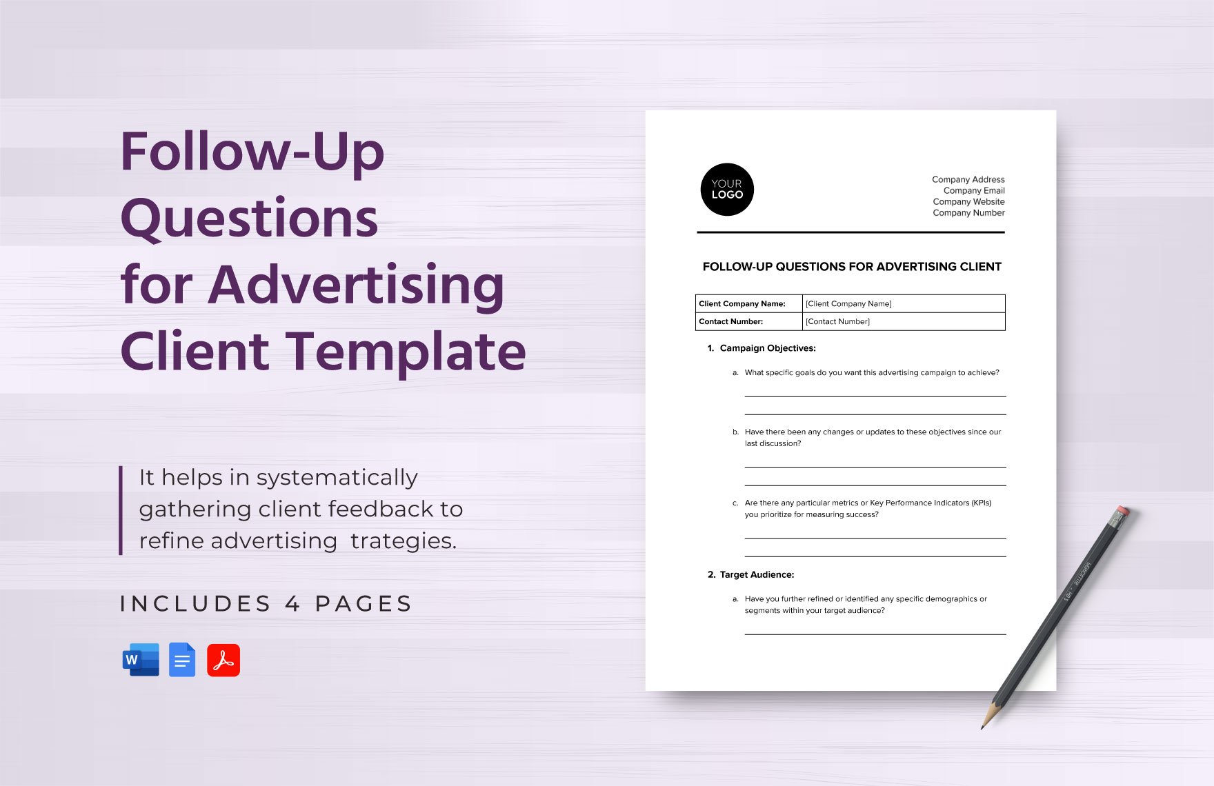 Follow-Up Questions for Advertising Client Template in Word, Google Docs, PDF