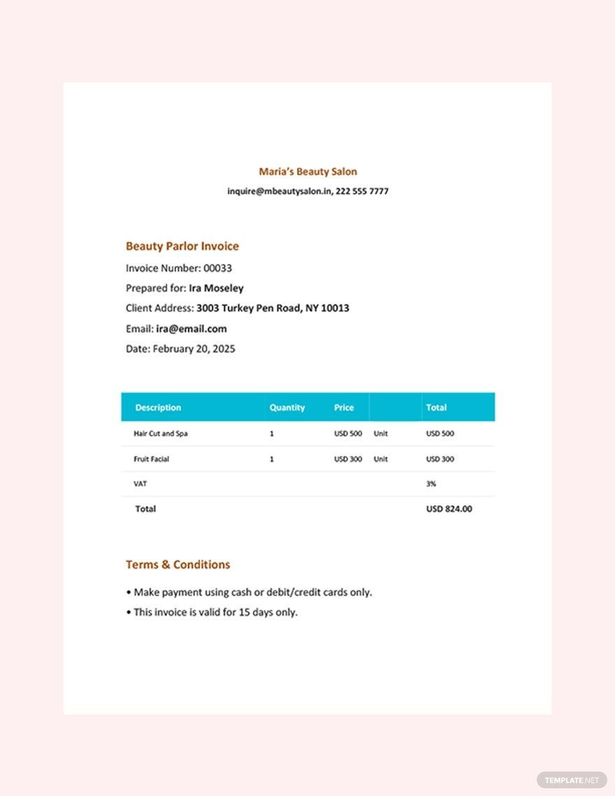 Beauty Parlor Invoice Template