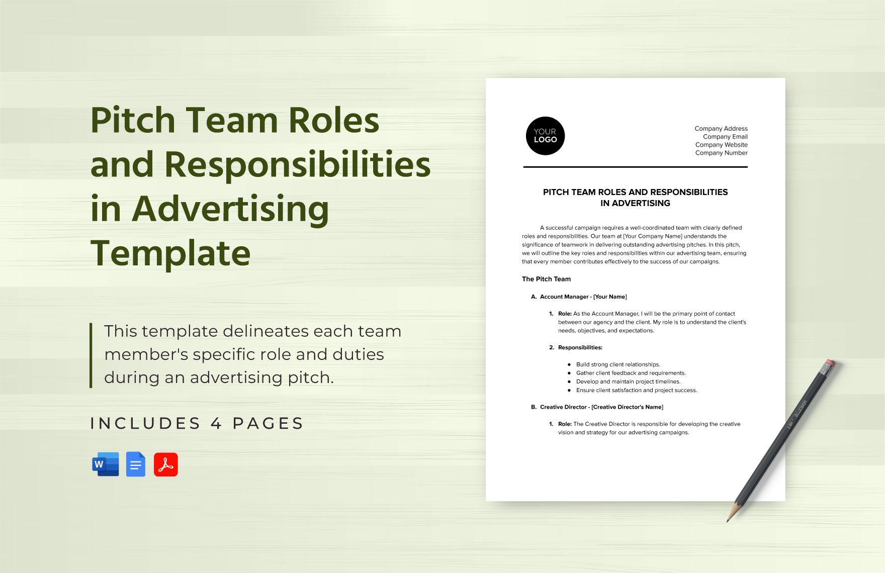 Pitch Team Roles and Responsibilities in Advertising Template in Word, Google Docs, PDF
