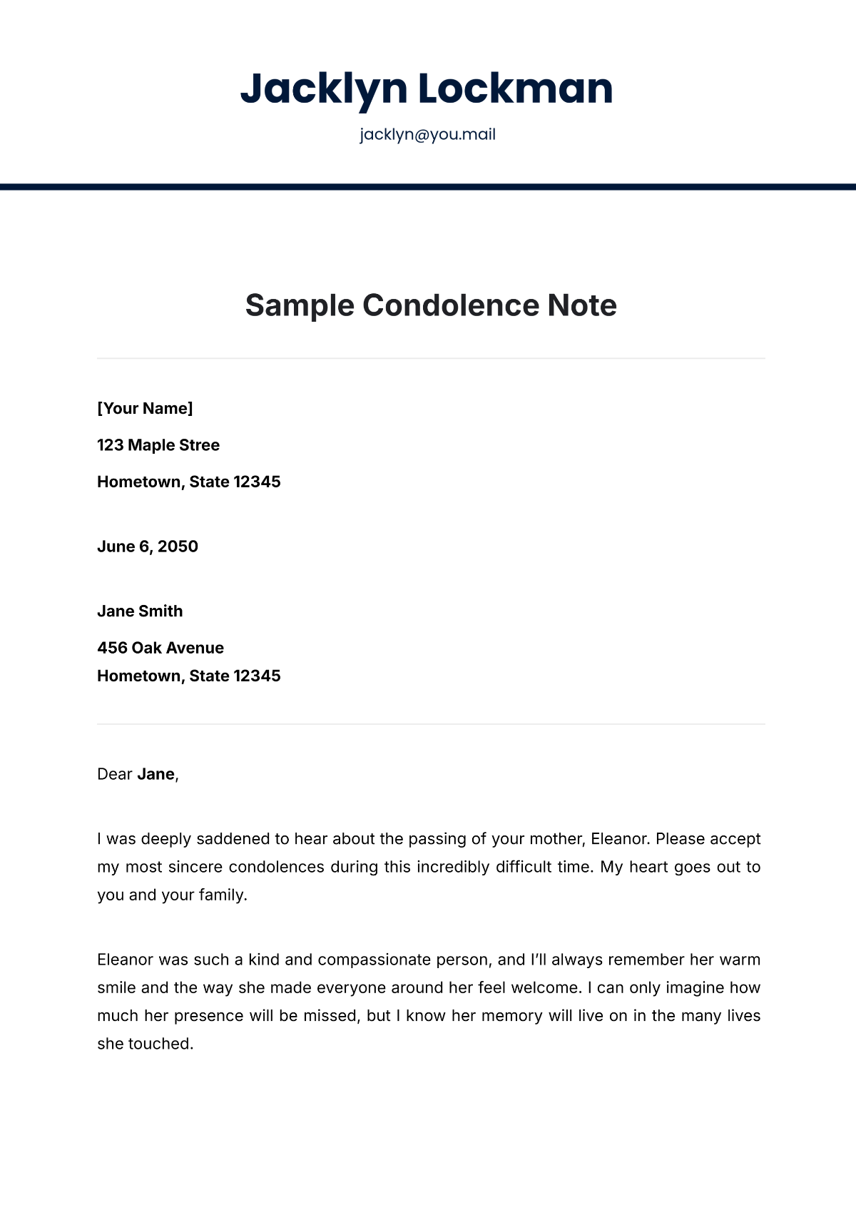 Sample Condolence Note Template