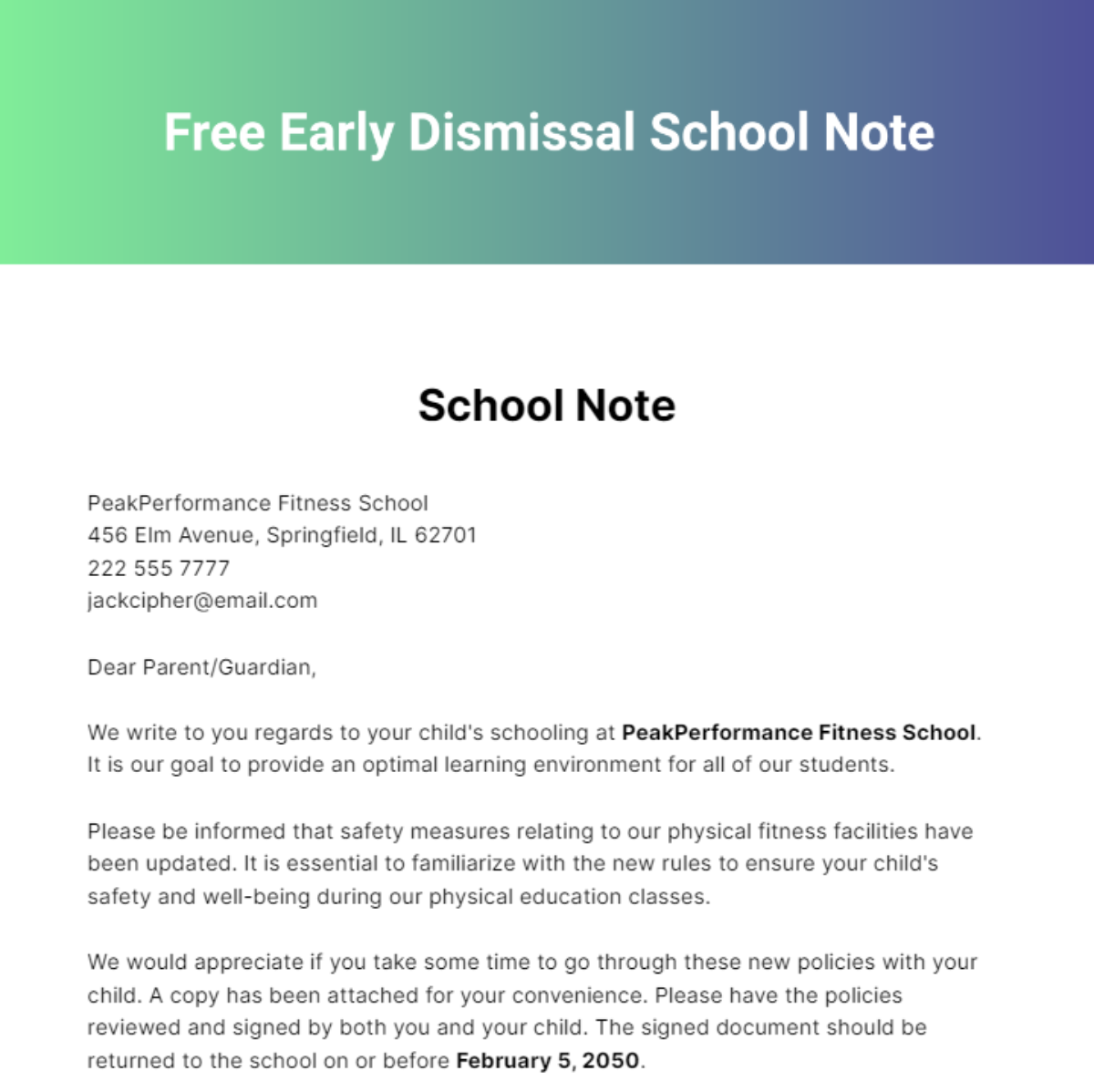 Free Early Dismissal School Note Template