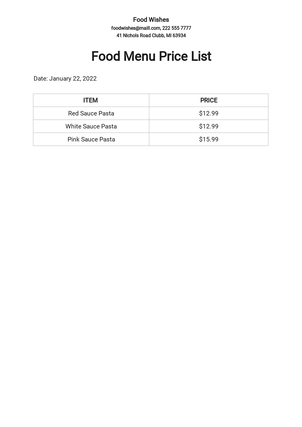 Food Beverage Price List Template in Google Docs Word Template net