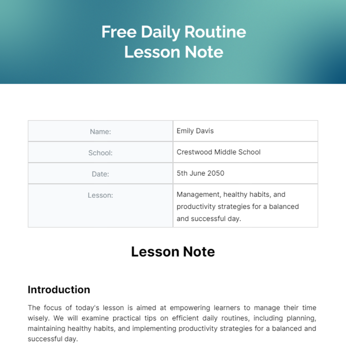 Daily Routine Lesson Note Template