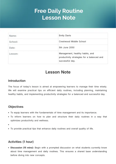 Free Daily Routine Lesson Note Template to Edit Online