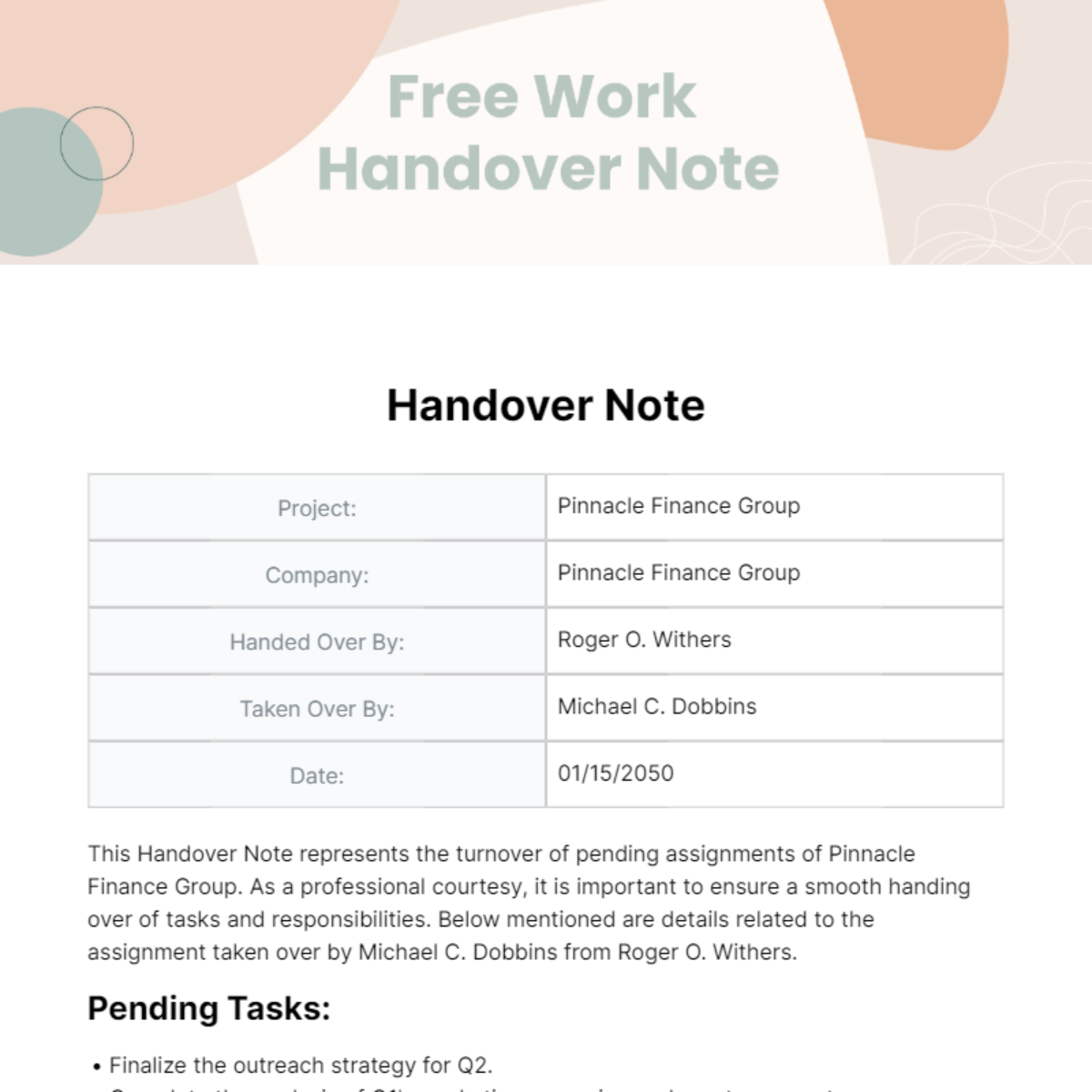 Free Work Handover Note Template