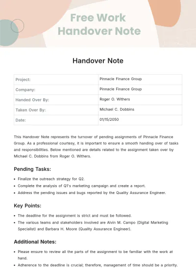 Free Work Handover Note Template to Edit Online