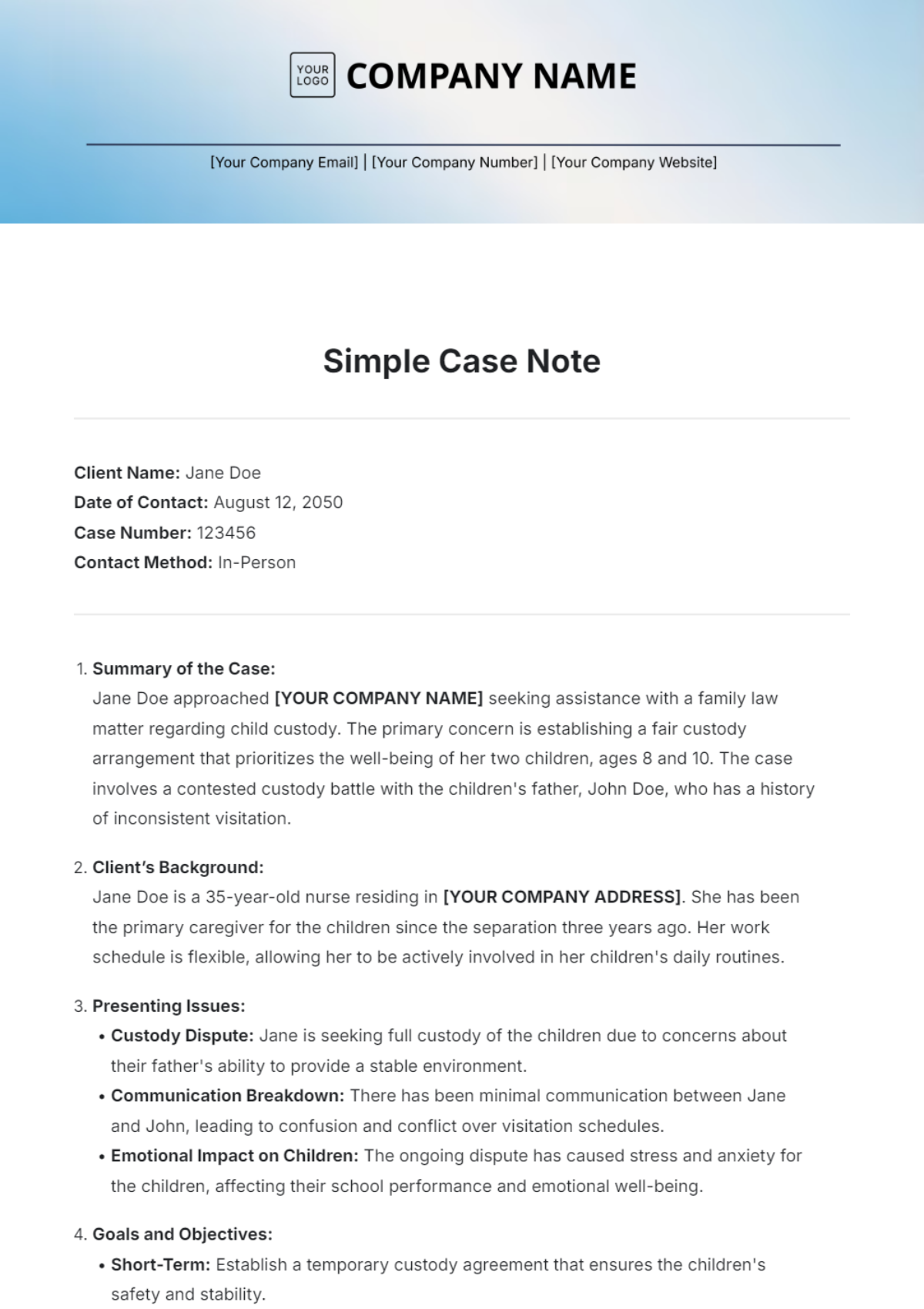 Simple Case Note Template - Edit Online & Download