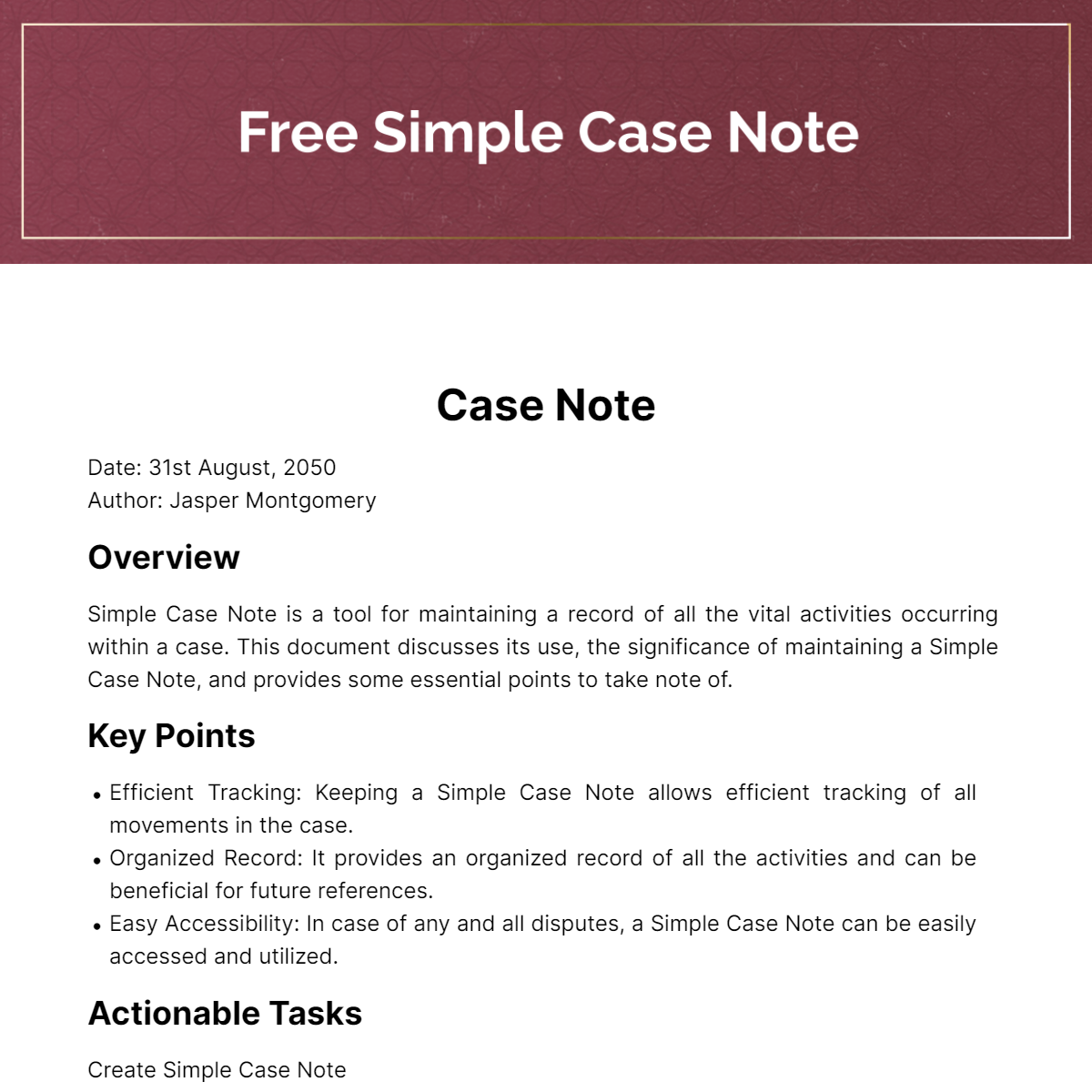Simple Case Note Template