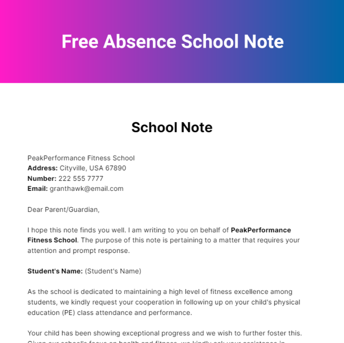 Free Absence School Note Template