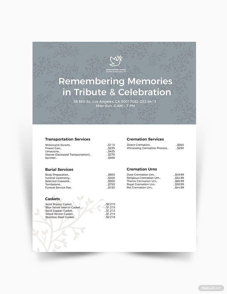 Funeral Price List Template