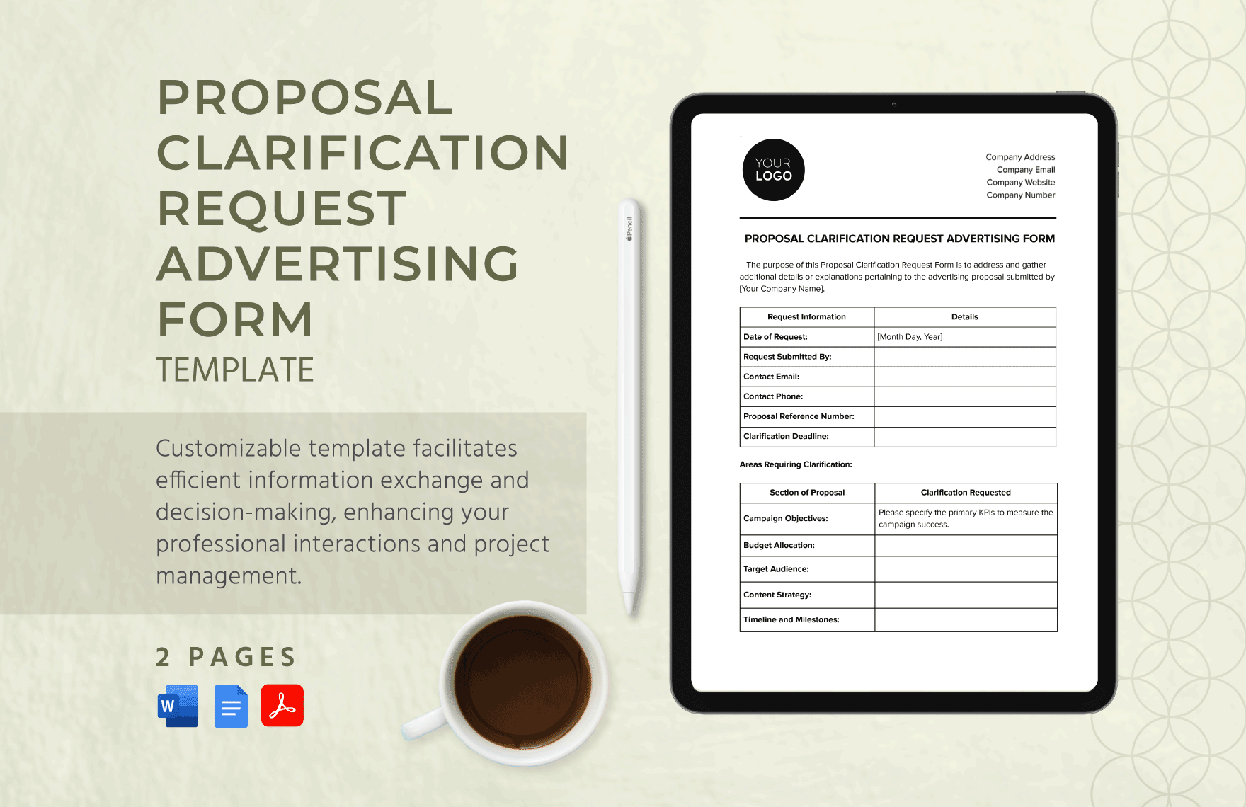 Proposal Clarification Request Advertising Form Template in Word, Google Docs, PDF