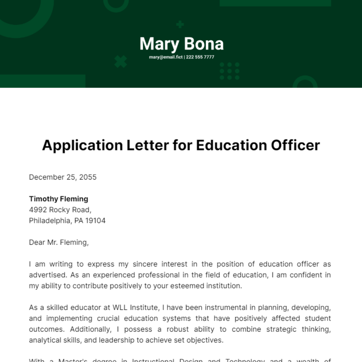 Application Letter for Education Officer Template