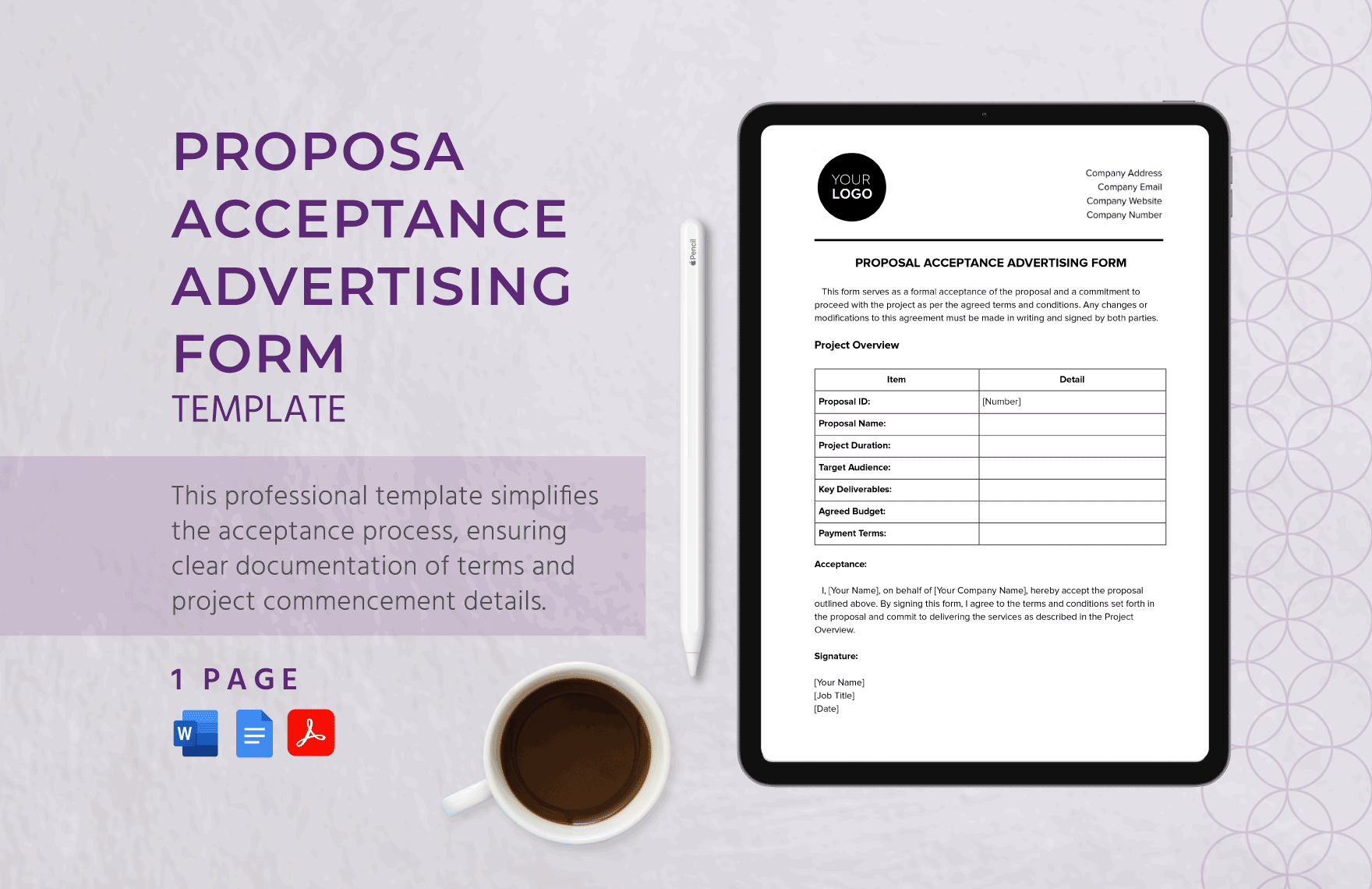 Proposal Acceptance Advertising Form Template in Word, Google Docs, PDF