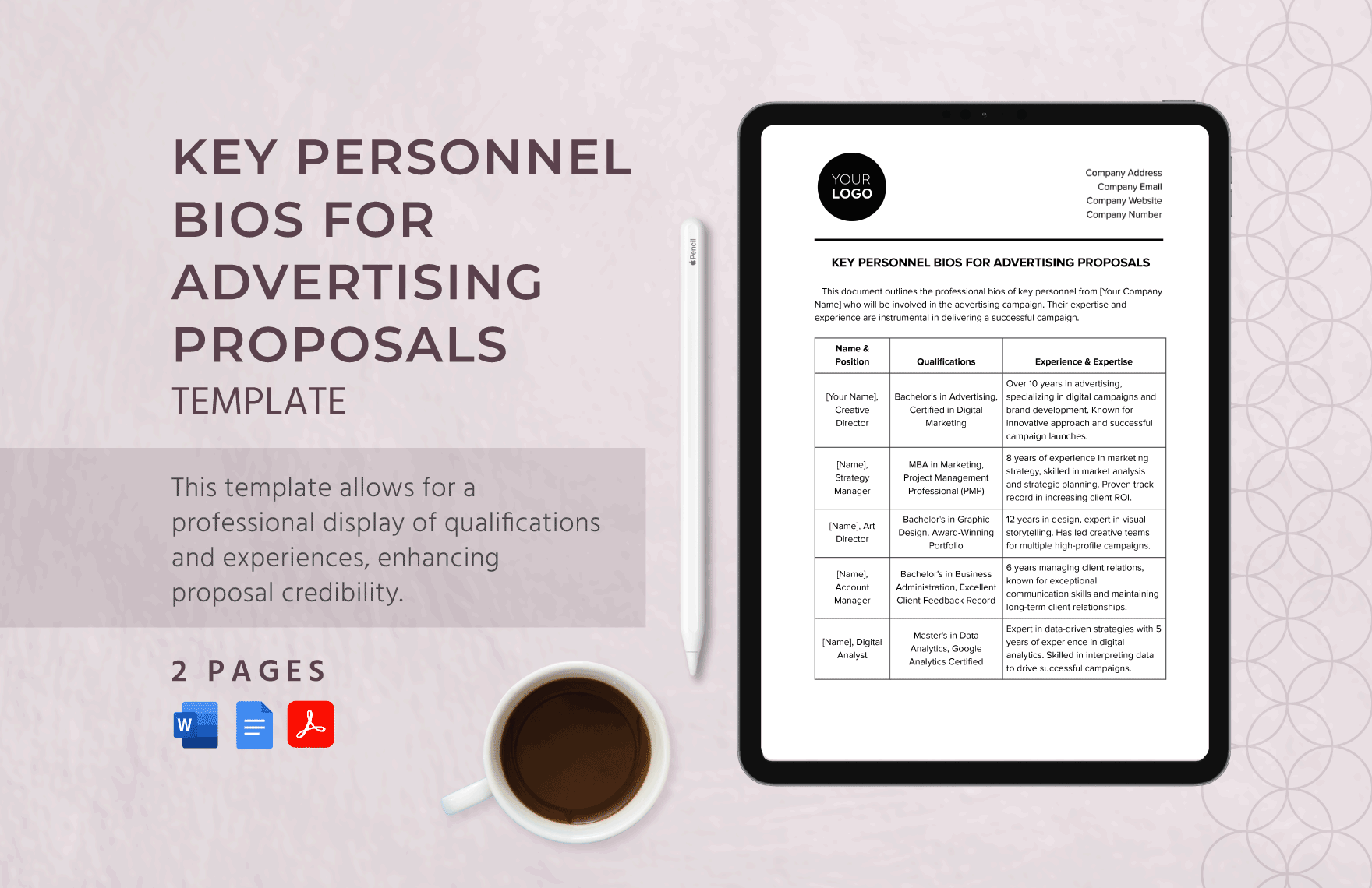 Key Personnel Bios for Advertising Proposals Template in Word, Google Docs, PDF