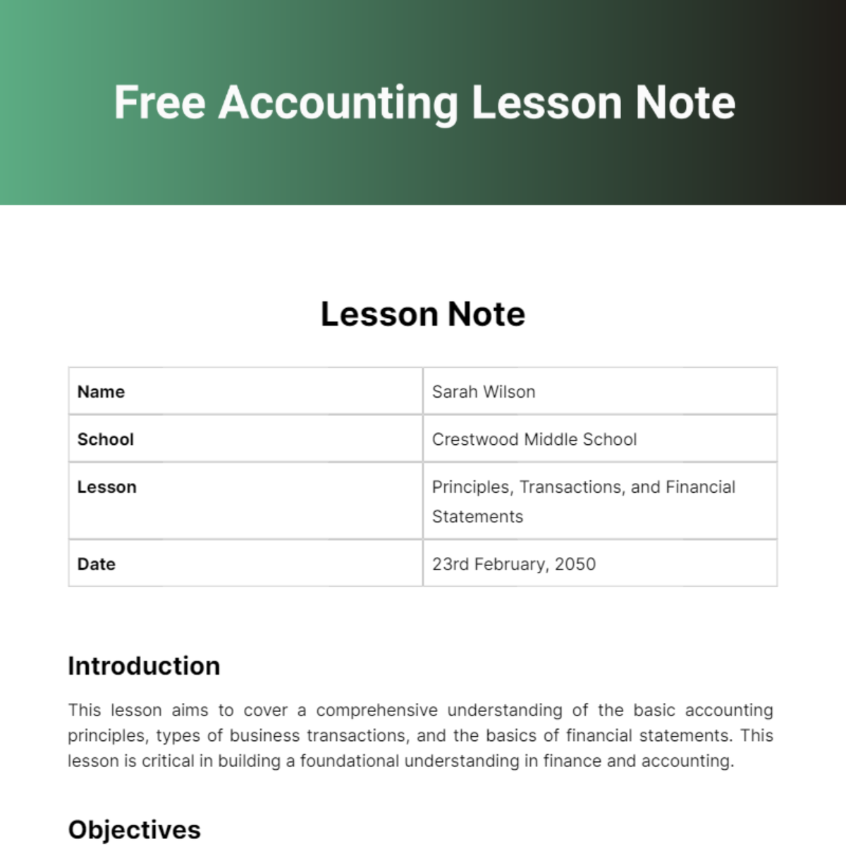 Accounting Lesson Note Template