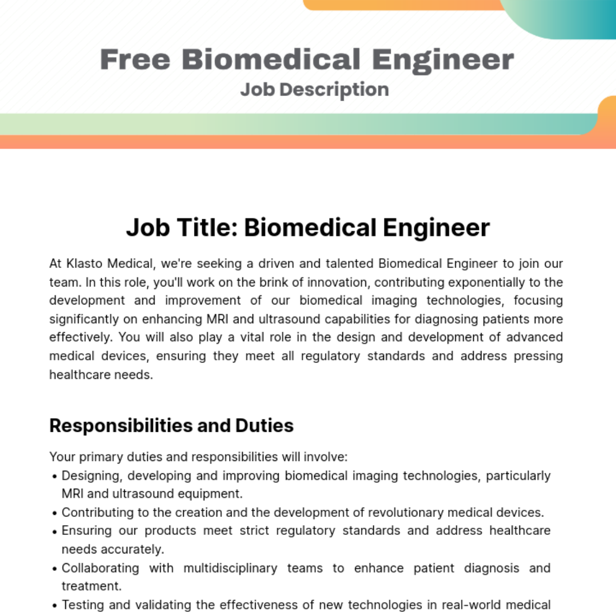 Free Biomedical Engineer Job Description Template
