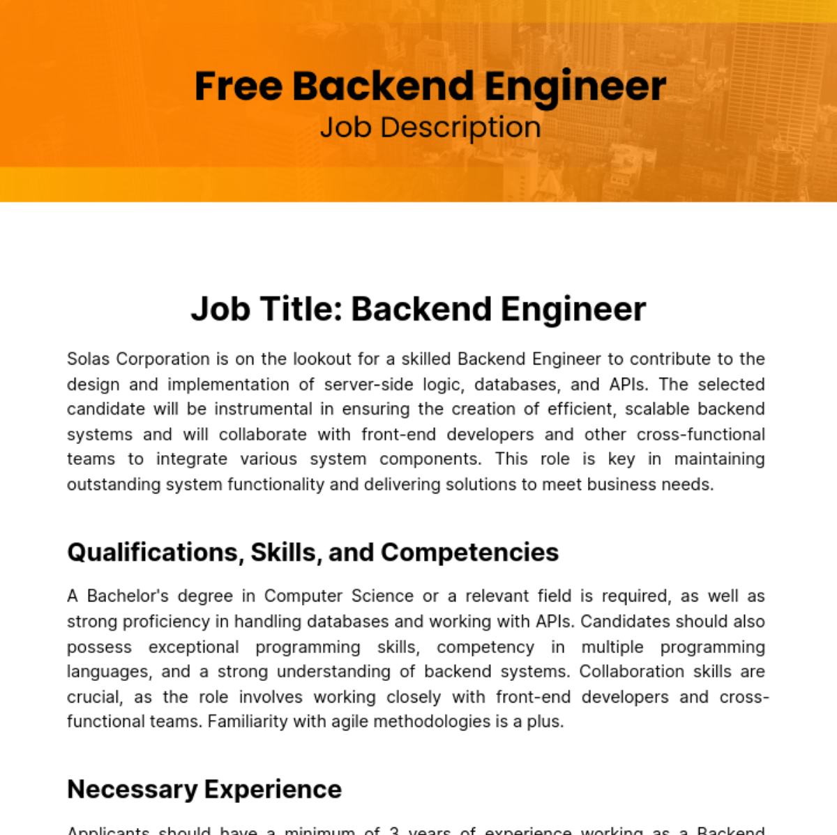 Backend Engineer Job Description Template