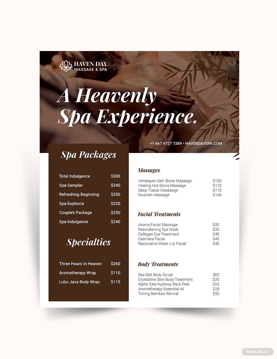 Spa Price List Template Google Docs Illustrator Word PSD 