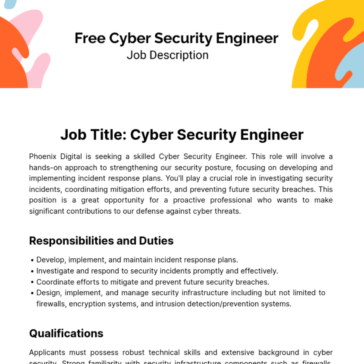 Cyber Security Engineer Job Description Template