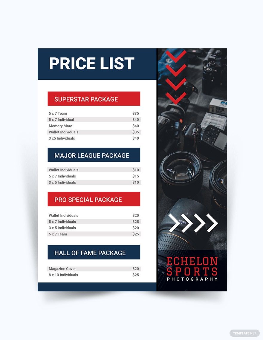 Sports Photography Price List Template