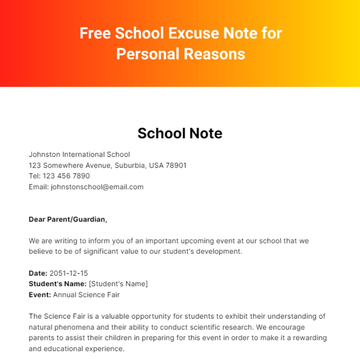 Free School Excuse Note for Personal Reasons Template