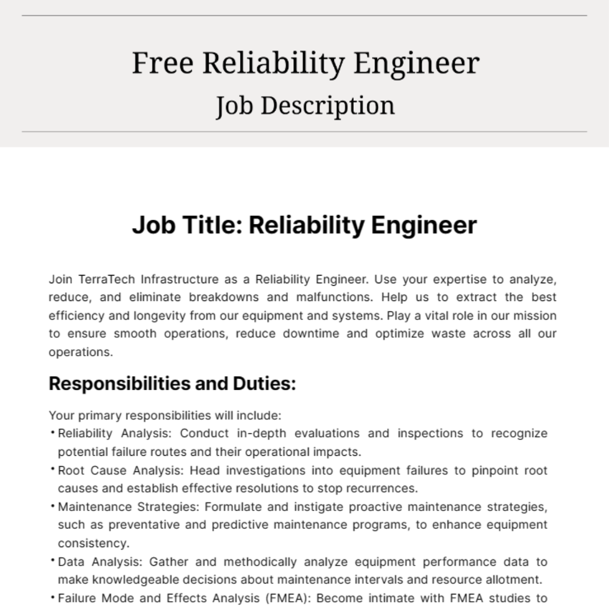 Free Reliability Engineer Job Description Template