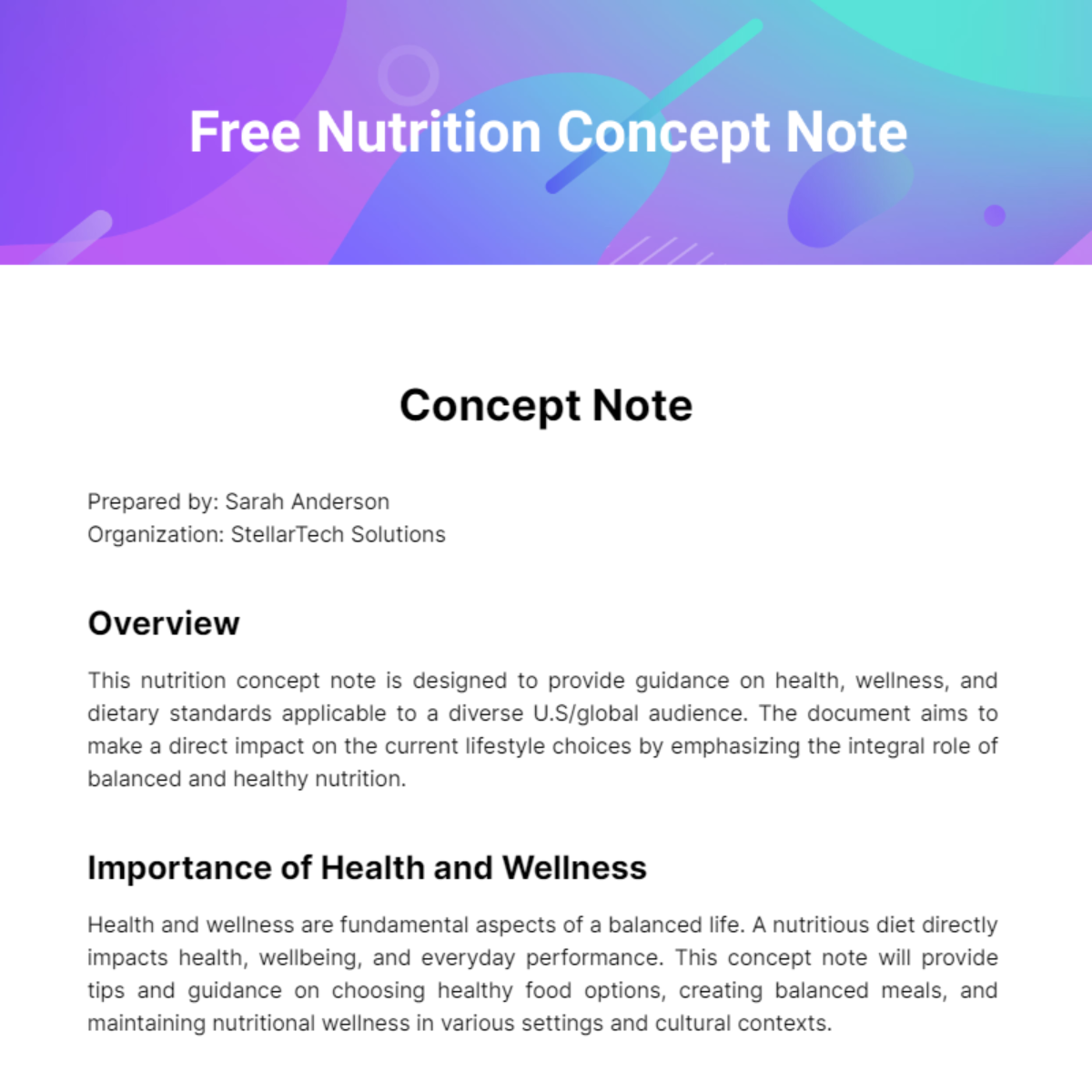 Free Nutrition Concept Note Template