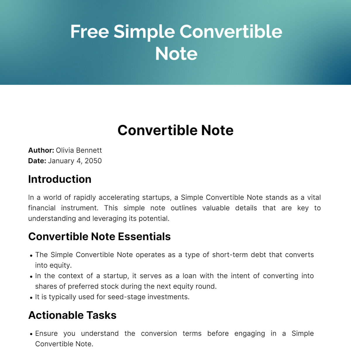 Simple Convertible Note Template