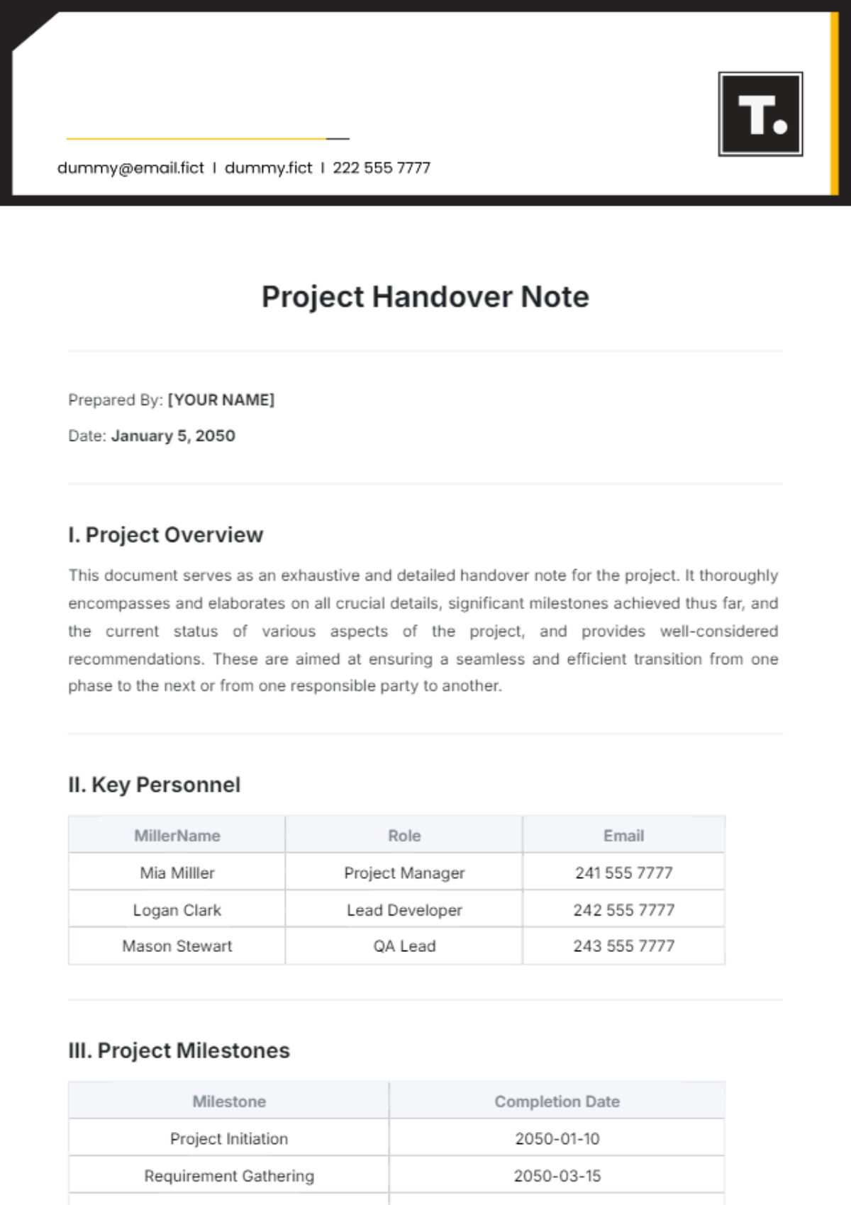 Project Handover Note Template