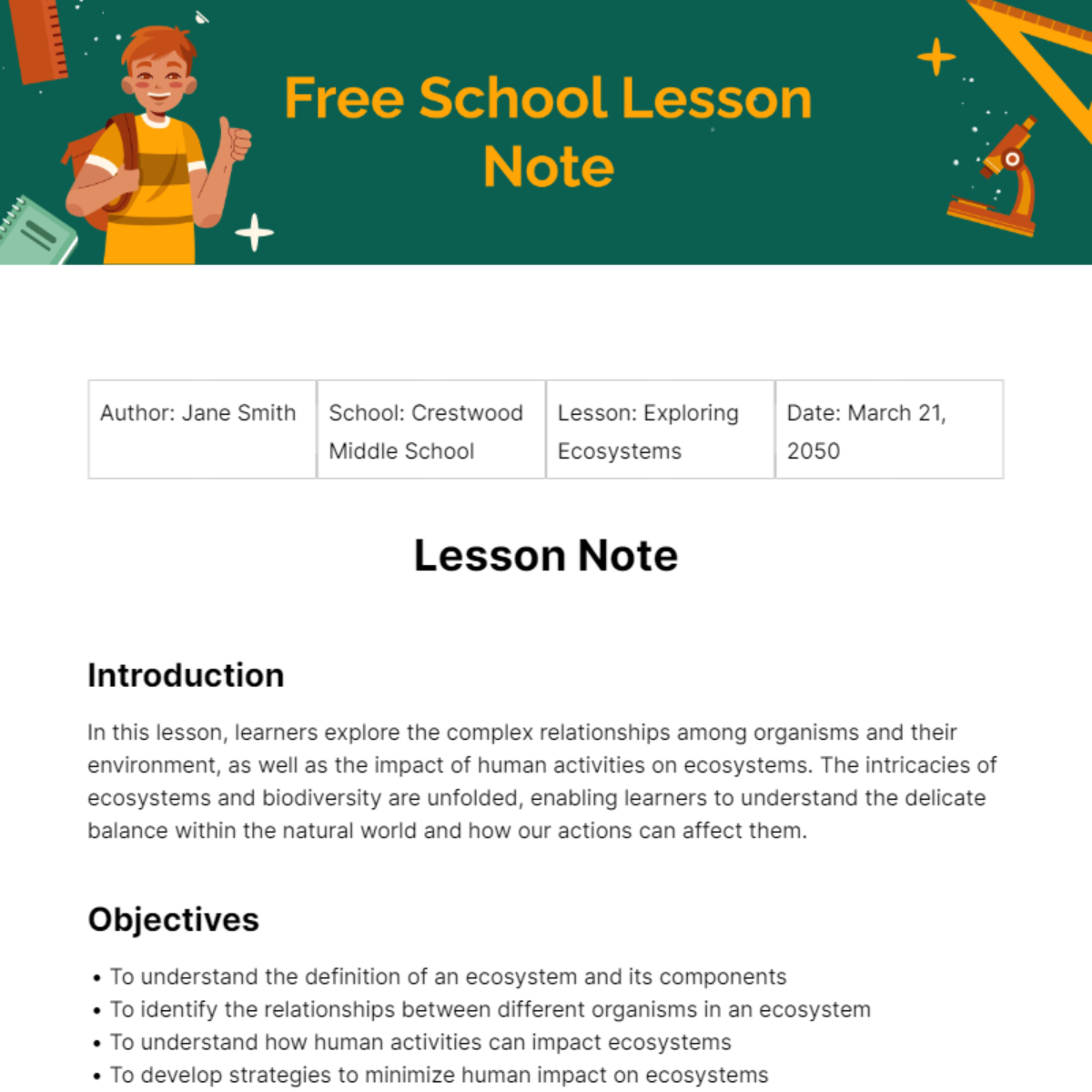 Free School Lesson Note Template