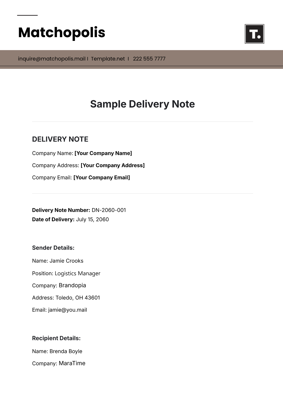 Sample Delivery Note Template