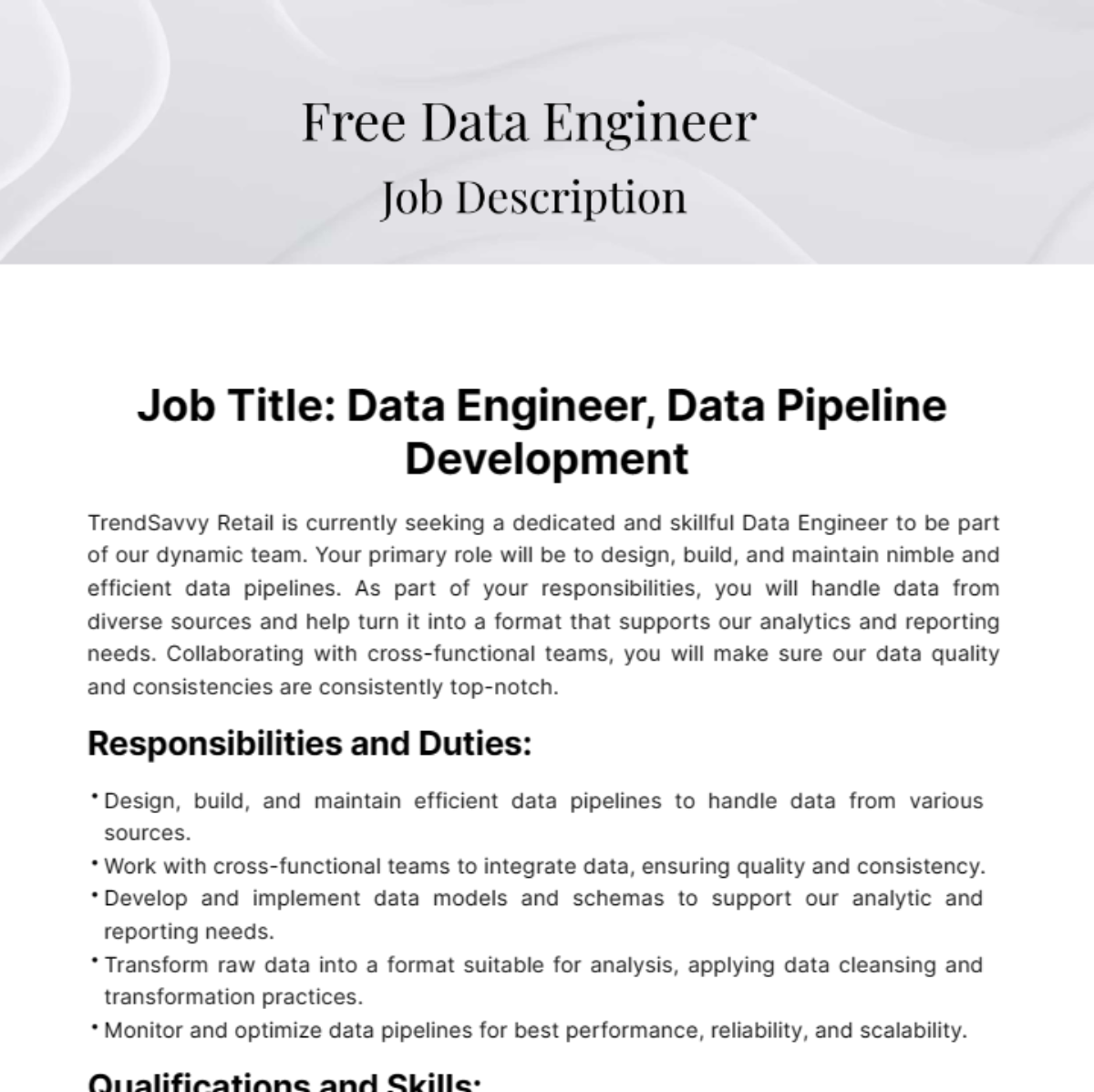 Data Engineer Job Description Template