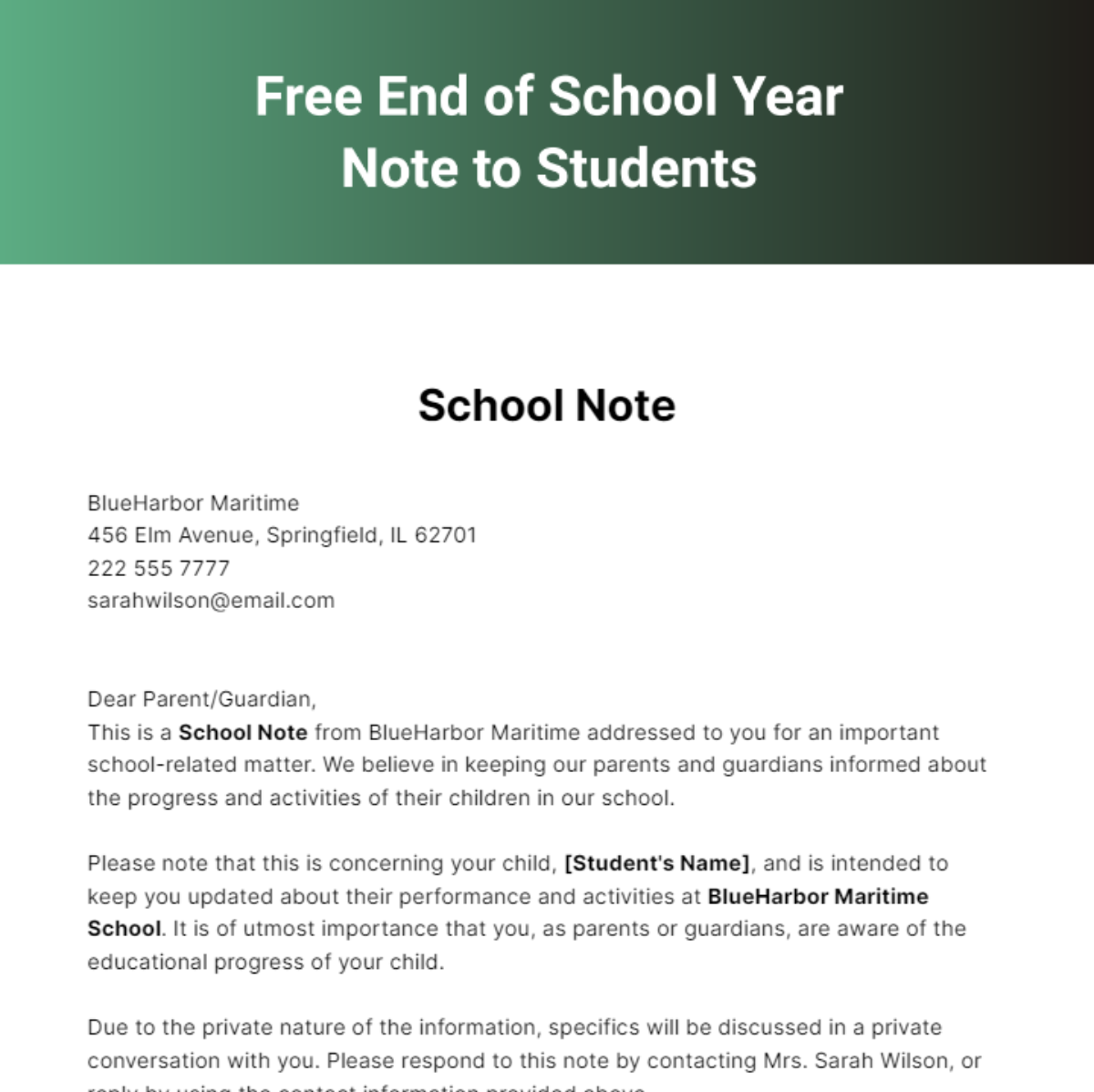 Free End of School Year Note to Students Template