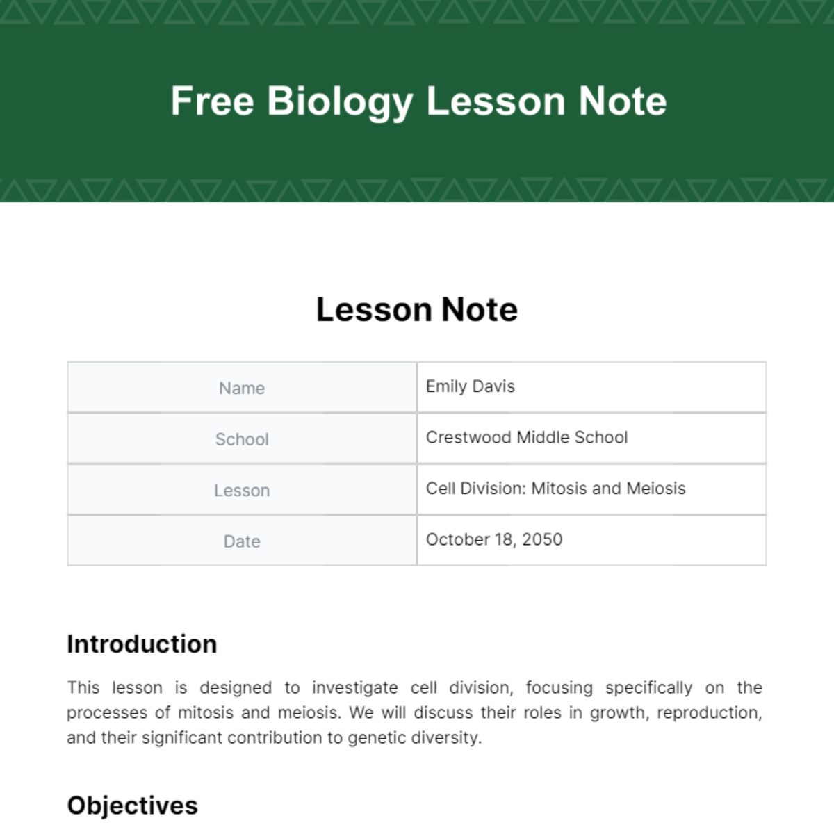 Biology Lesson Note Template