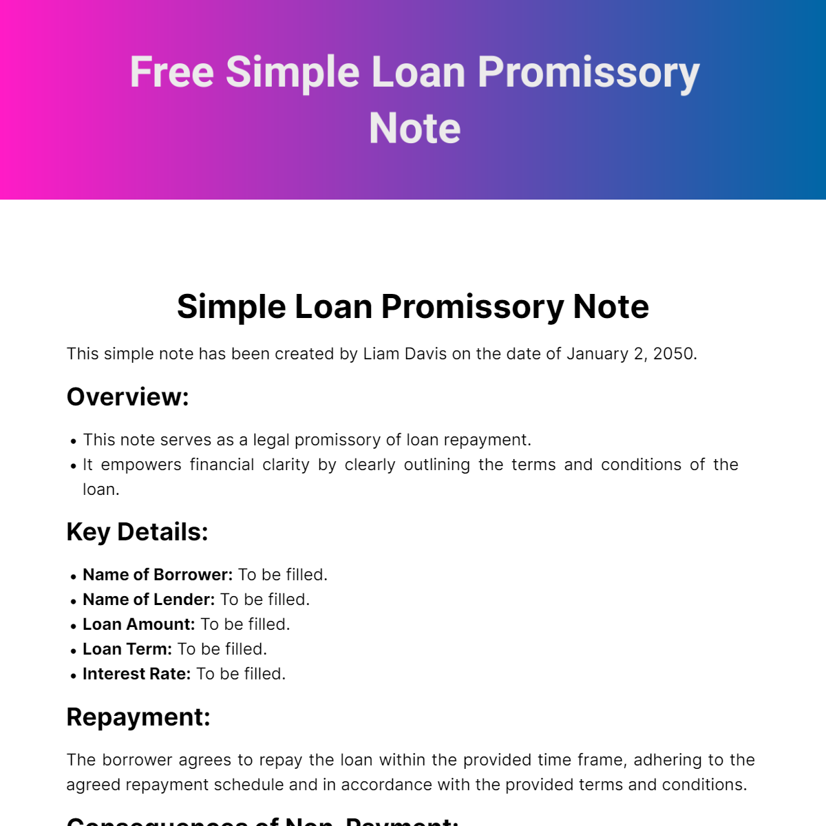 Simple Loan Promissory Note Template