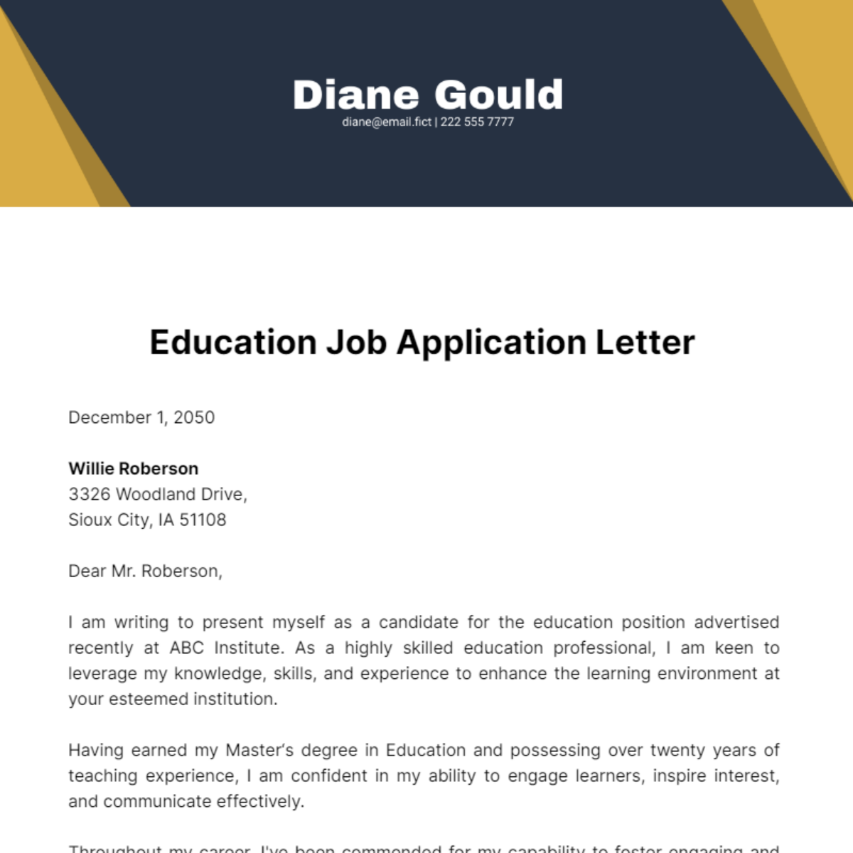 Education Job Application Letter Template