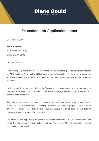 Free Education Job Application Letter Template to Edit Online