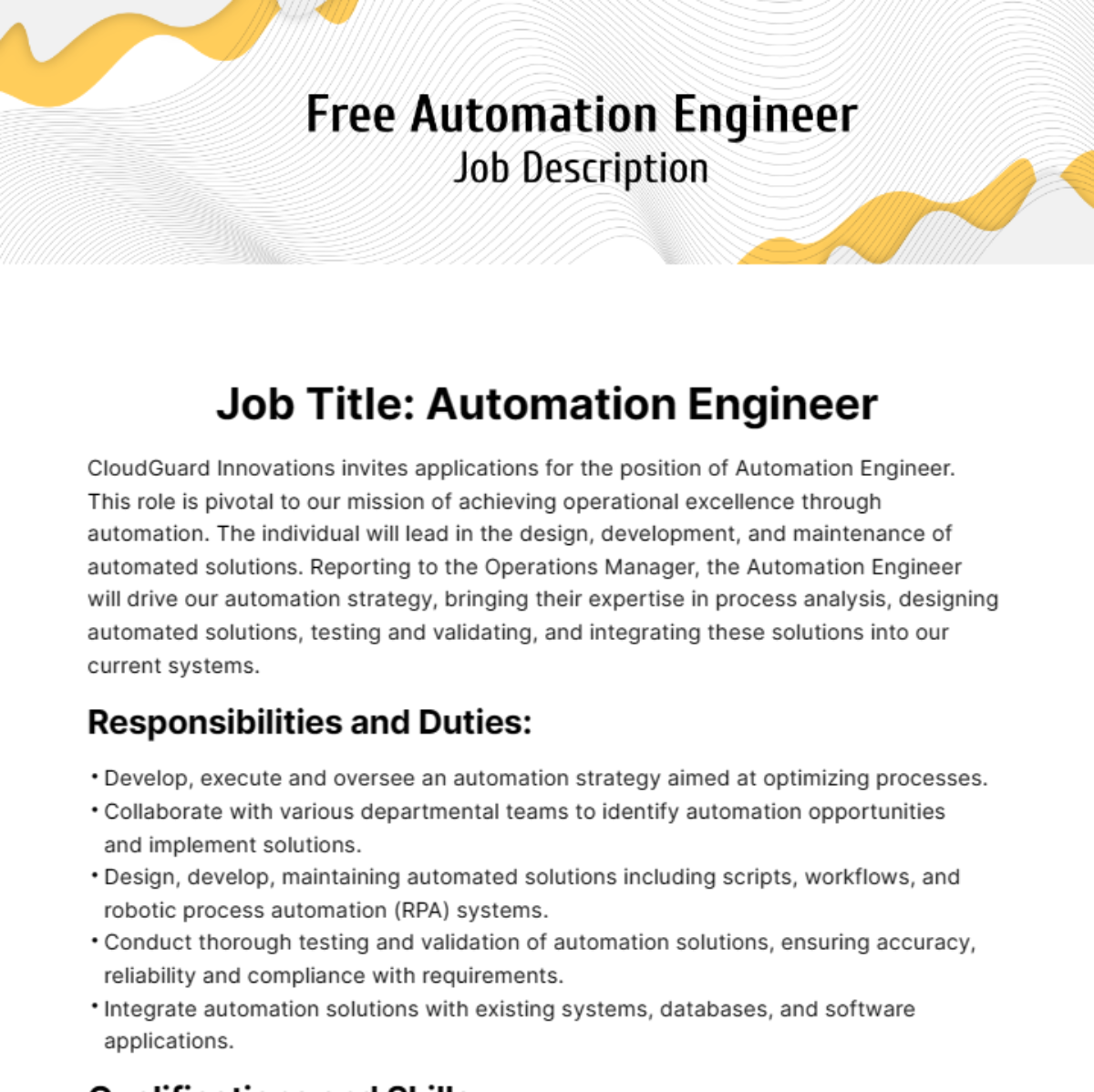 Automation Engineer Job Description Template