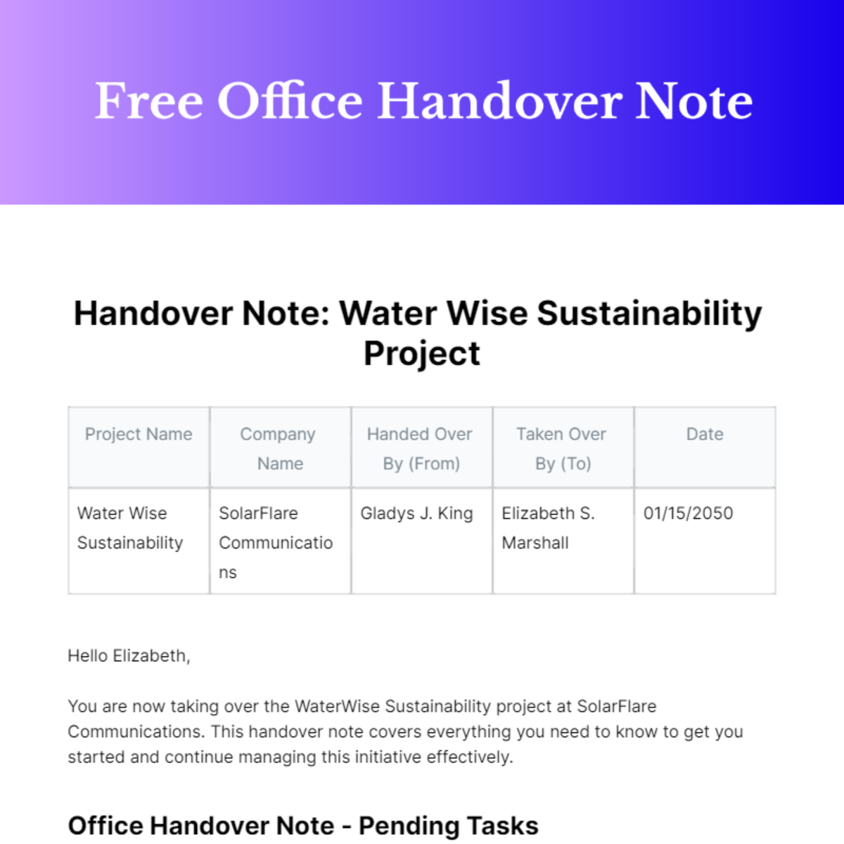 Free Office Handover Note Template