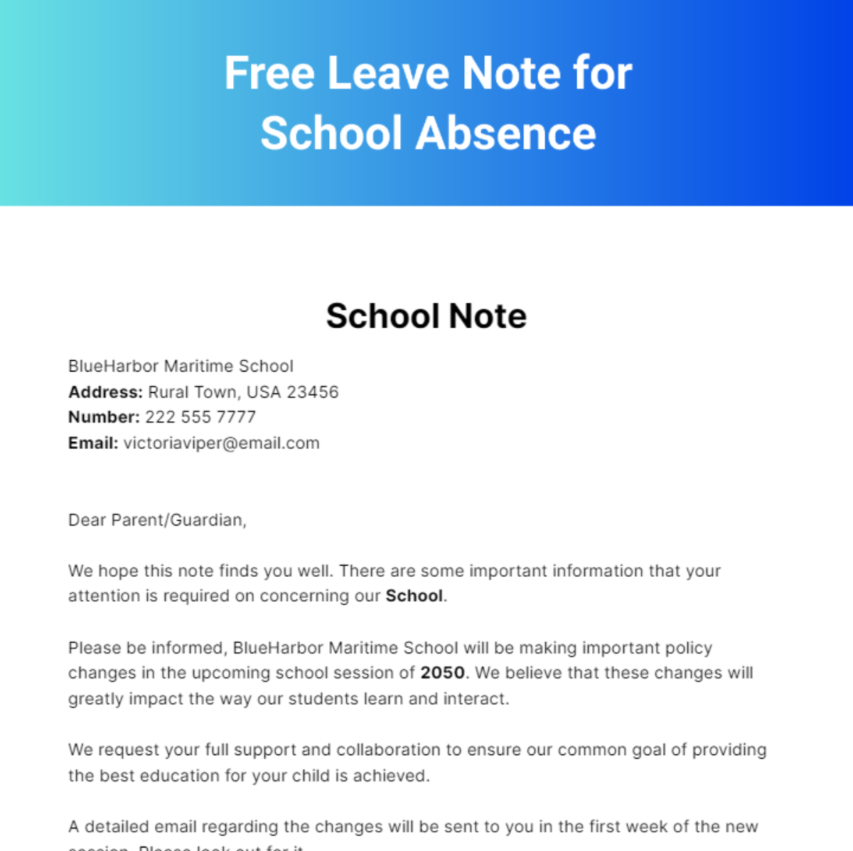 Free Leave Note for School Absence Template