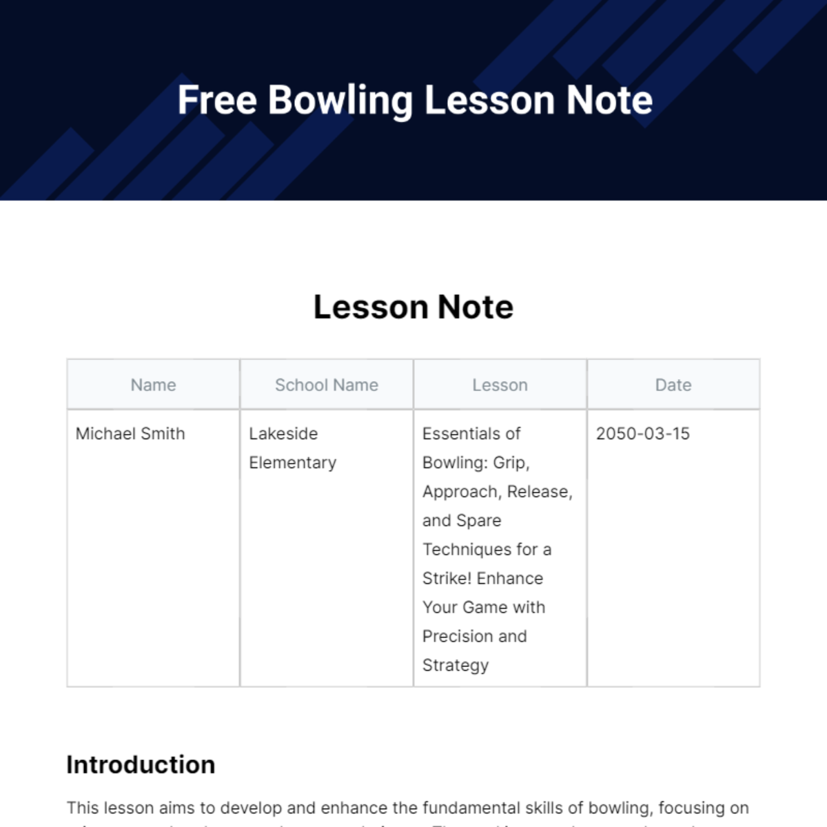 Free Bowling Lesson Note Template
