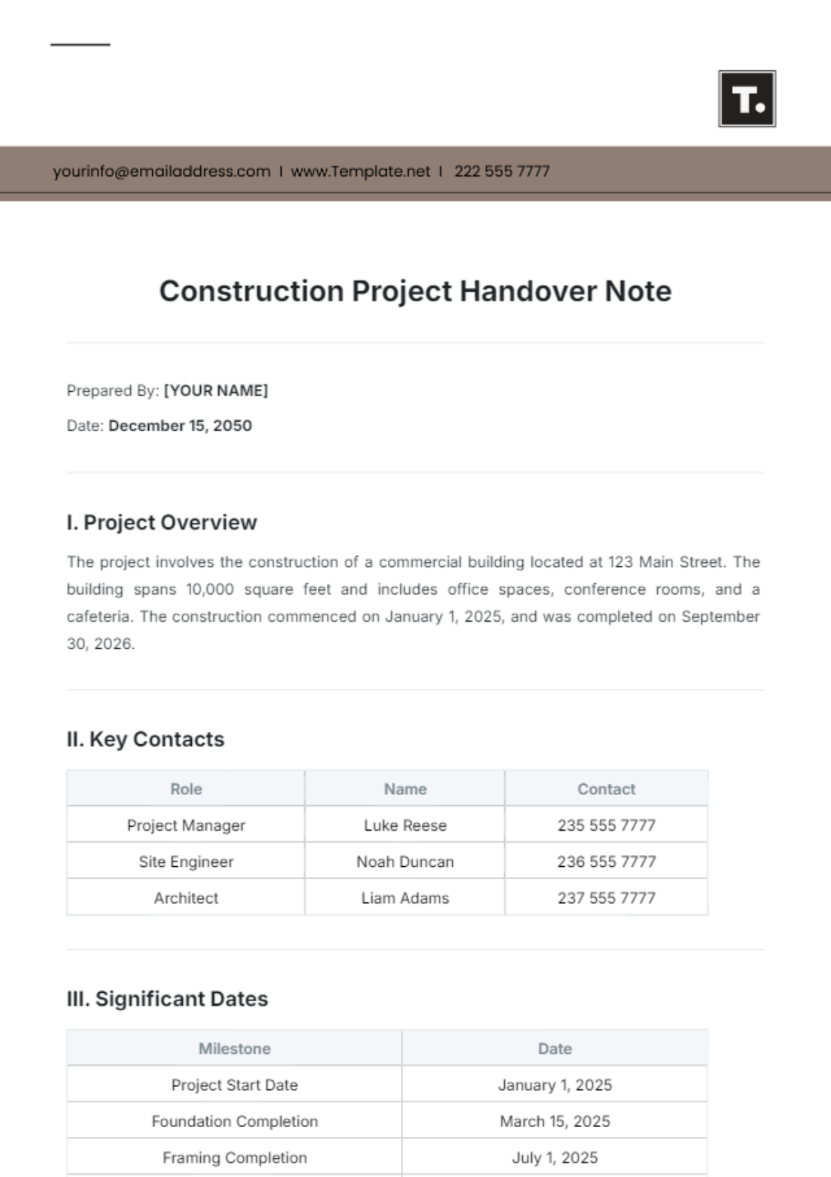 Construction Project Handover Note Template