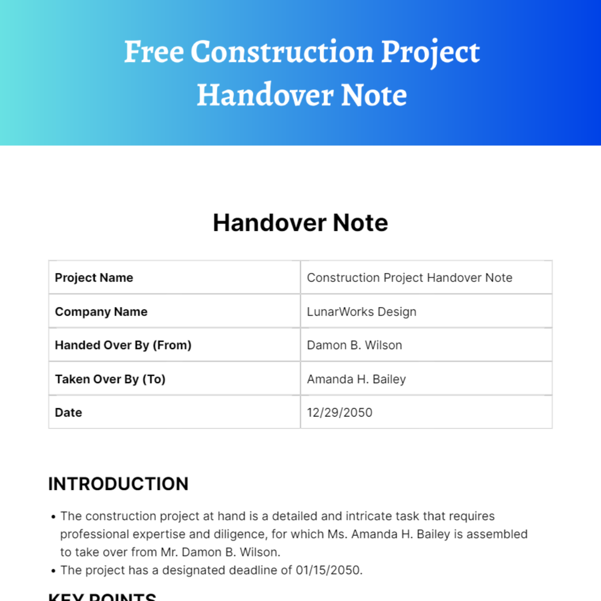 Free Construction Project Handover Note Template