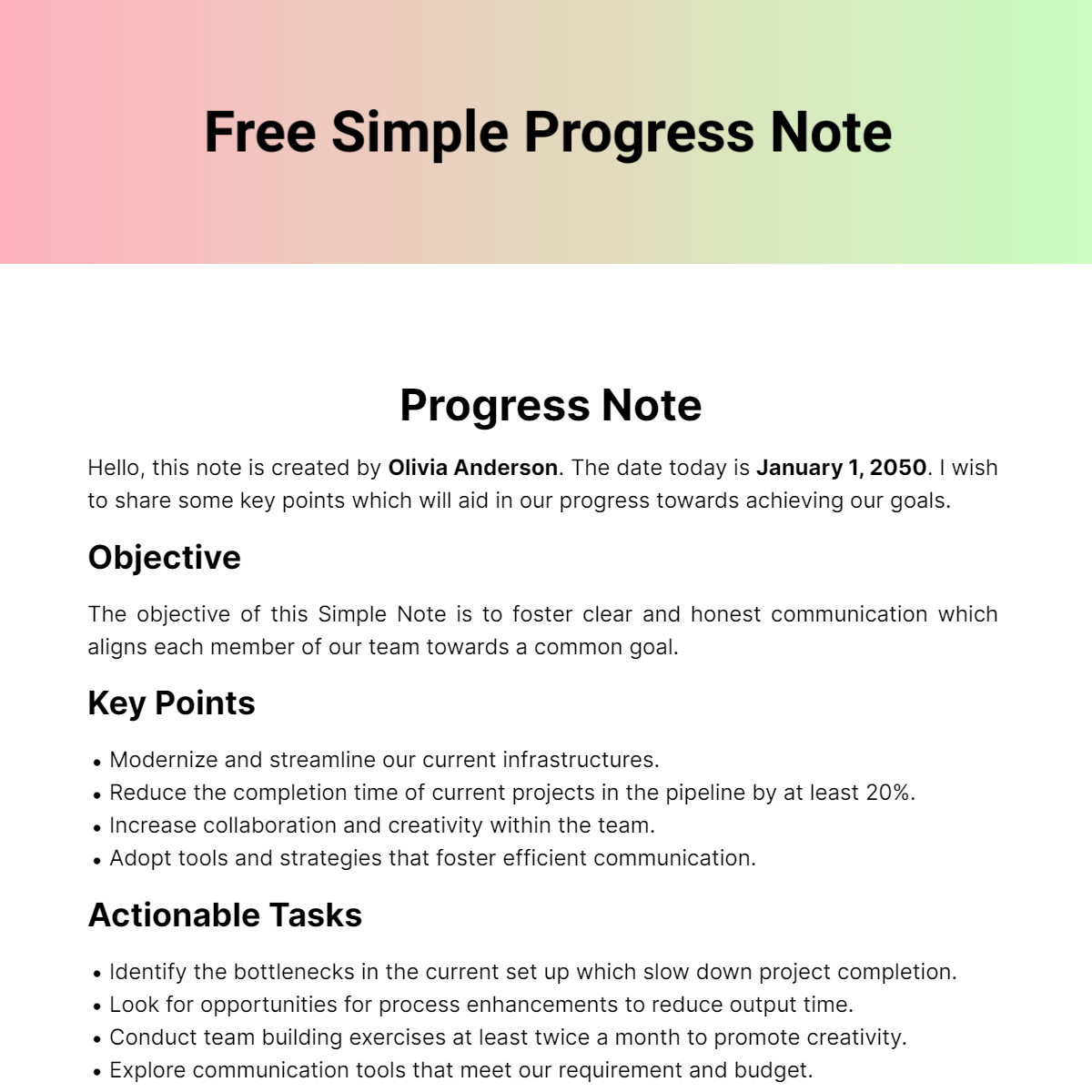 Simple Progress Note Template